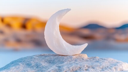 Crescent moon, delicate, on a rock, desert, sunrise