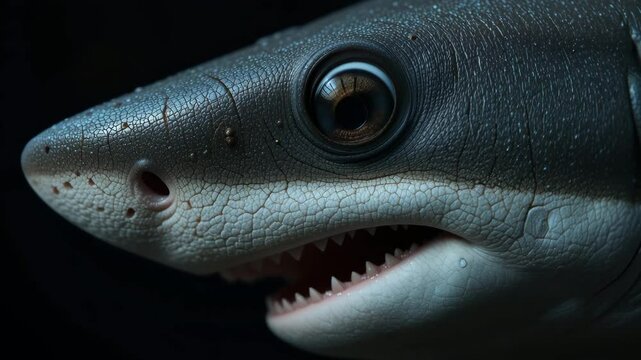 Close-up of a Fish Head with Sharp Teeth, Dark Background