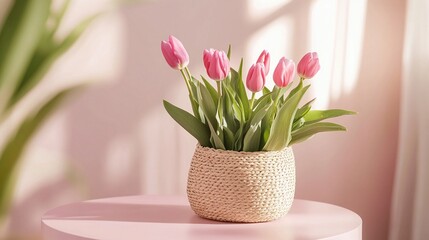 Obraz premium Beautiful spring tulip bouquet in a woven basket on a pastel pink table with natural daylight creating a warm and cozy atmosphere