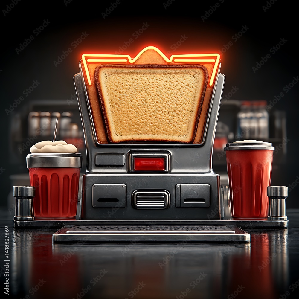 Poster retro toaster with neon lights and red cups in a dark diner setting
