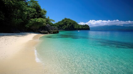 Fototapeta premium Serene tropical beach with turquoise water and lush greenery, a tranquil paradise
