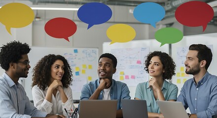 Diverse Team Brainstorming: Colorful Speech Bubbles and Engaging Discussion