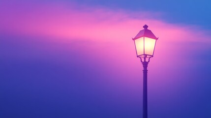 16.Elegant street lamp post illuminated against a vibrant gradient evening sky, standing alone with intricate design details and soft glowing light.