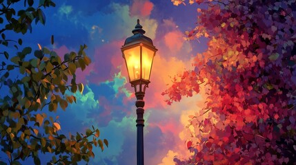 17.Artistic scene of a classic street lamp glowing warmly against a dramatic and colorful evening sky, creating a serene outdoor setting.
