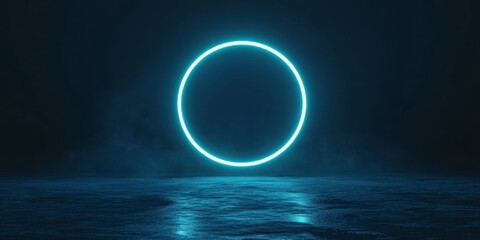 Obraz premium Blue Neon Circle Glow in Dark Space with Water Reflection Effects