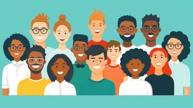 Abstract image of diverse group of happy people on a turquoise background. Close up image of multicultural people looking at camera while wearing casual cloth. Diversity and inclusion concept. AIG53.