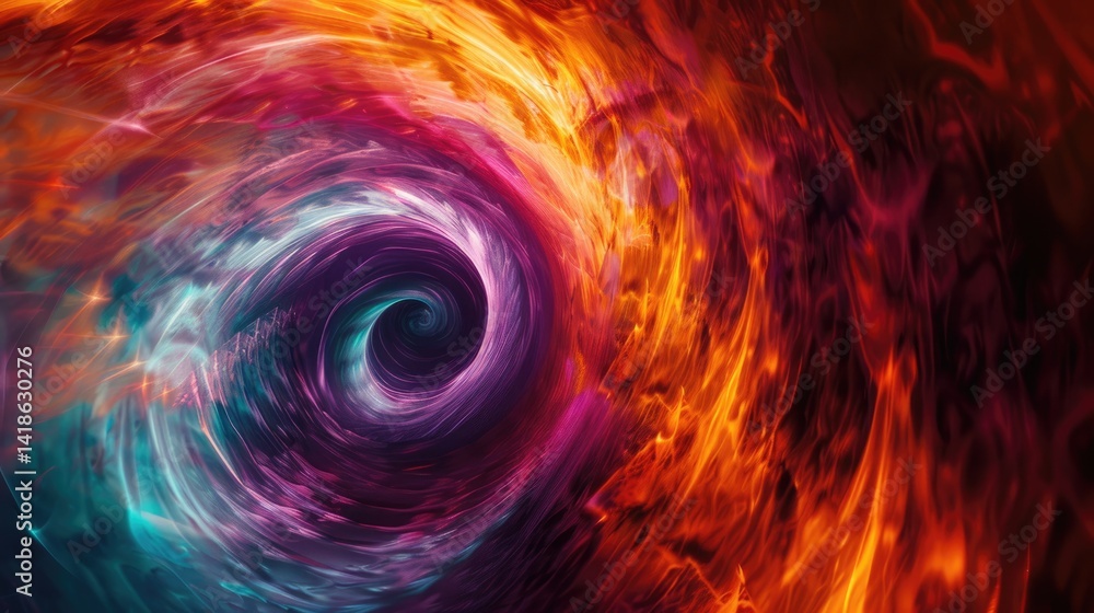 Poster colorful light trails curving in a dark background. vibrant color or multi colored of swirling glowi