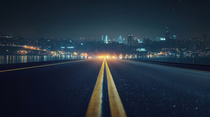 Obraz premium 34.A night-time urban road with a smooth asphalt surface, illuminated by warm street lights and accompanied by the distant glow of a sprawling city skyline.