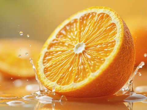 Macro Photo of Fresh Orange with Water Droplets and Juice Splashes