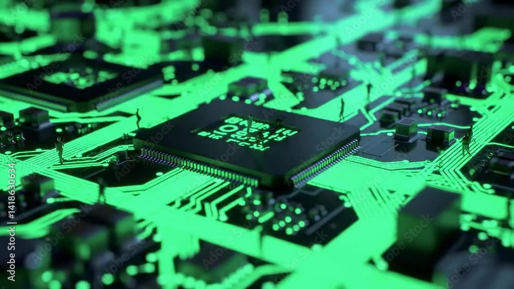 Poster futuristic green circuit board featuring central processor chip and intricate wiring in a high-tech 