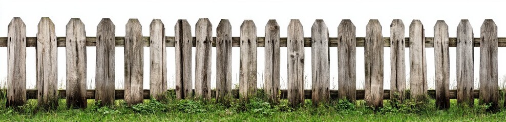 Naklejka premium Rustic Wooden Fence with Green Grass in Sunny Outdoor Setting