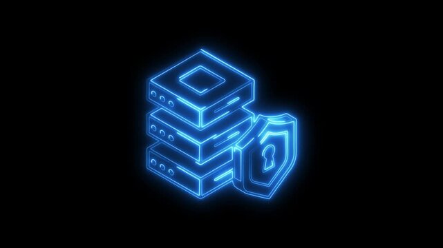 Glowing neon database icon 4k, isolated on black background. HD Video motion graphic animation