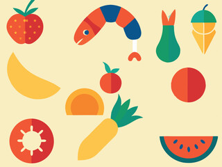 Abstract Food Feast: A vibrant collection of stylized food items, presented in a bright and eye-catching composition that stimulates the appetite and fuels creativity.