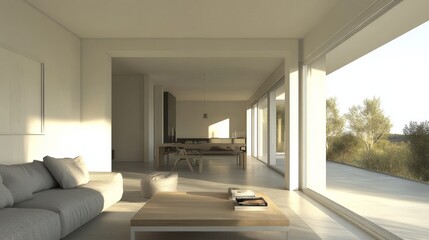 Fototapeta premium 53.Airy living room with a minimalist grey sofa, a natural wood coffee table, and an oversized window letting in soft sunlight, highlighting the clean and open aesthetic.