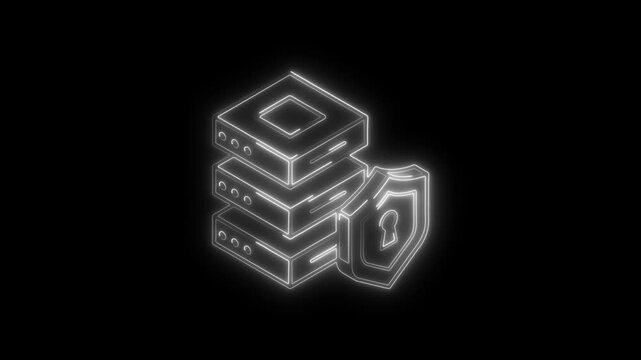 Glowing neon database icon 4k,  isolated on black background. HD Video motion graphic animation