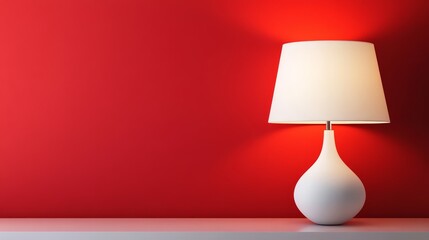 61.A pristine white table lamp with a smooth, modern design placed against a vibrant red background, with ample copy space for text or branding.