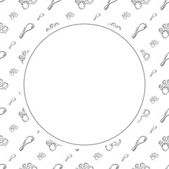 kitchen utensil frame. doodle kitchenware circle frame. kitchen background