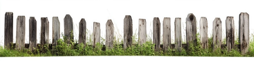 Decaying Wooden Fence Posts Surrounded by Green Grass in Nature