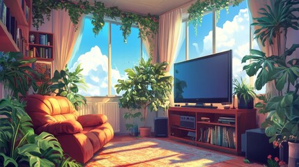 70.Colorful vector design of a living room space with a sofa, a chair, a large TV, flourishing house plants, and a wide window displaying a sunny sky.