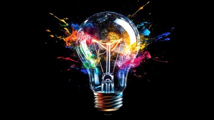 a vibrant lightbulb explosion showcasing creativity inspiration and innovation on a black background with splatters of colorful paint