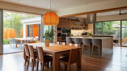 Fototapeta premium 85.A contemporary dining space featuring a hanging pendant lamp over a smooth wooden table and chairs, harmonized with the clean lines and neutral tones of an open-plan kitchen.