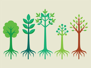Varied Trees in Graphic Illustration: A vibrant graphic illustration showcases a diverse collection of stylized trees with distinct designs, their roots firmly planted.