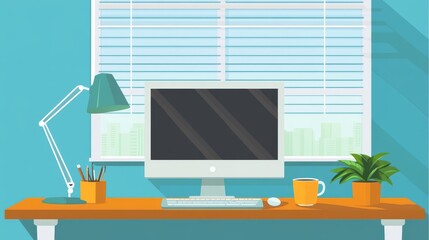 93.A detailed flat illustration of a work-from-home scene, with a tidy desk holding a computer, a functional table lamp, and a cup of coffee, complemented by natural light from a nearby window.