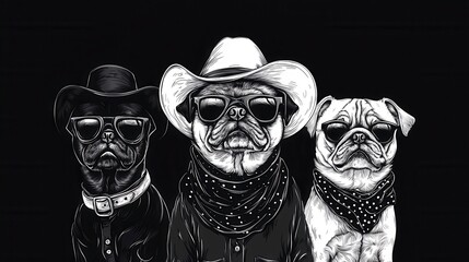 Cool Pugs in Sunglasses and Cowboy Hats Illustration