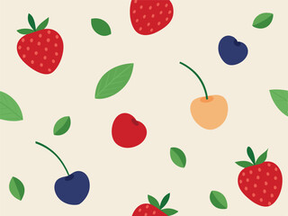 Summer Berries Pattern: A cheerful seamless pattern featuring strawberries, cherries, and blueberries, perfect for summer-themed designs and projects.  