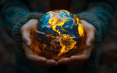 Person holding glowing globe symbolizing earth illuminated with warm light
