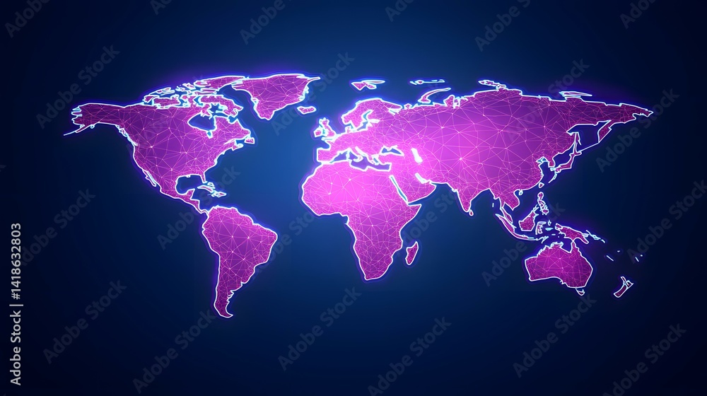 Poster the image contains a neon-style world map, depicted as a network of interconnected points and lines,