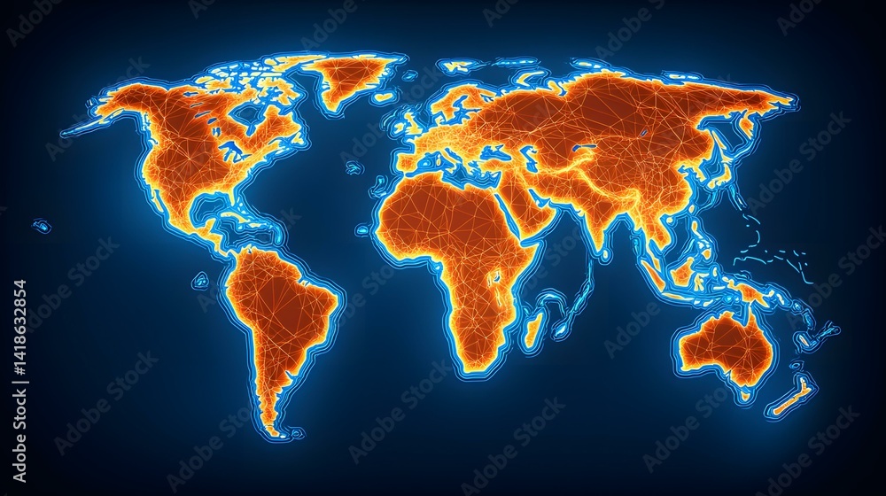 Poster the image shows a world map rendered with a network of interconnected lines, glowing orange against 