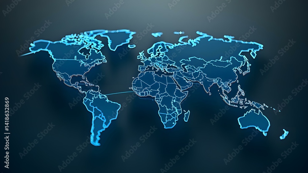 Poster the image contains a three-dimensional, glowing blue outline map of the world, showing the borders o