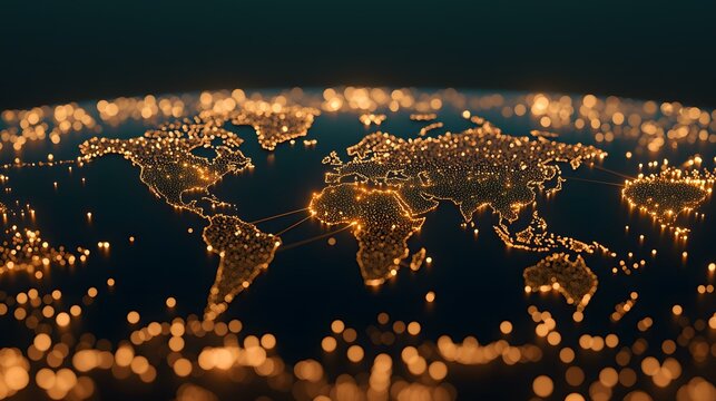 The image shows a stylized world map composed of interconnected glowing points of light, representing global connectivity.