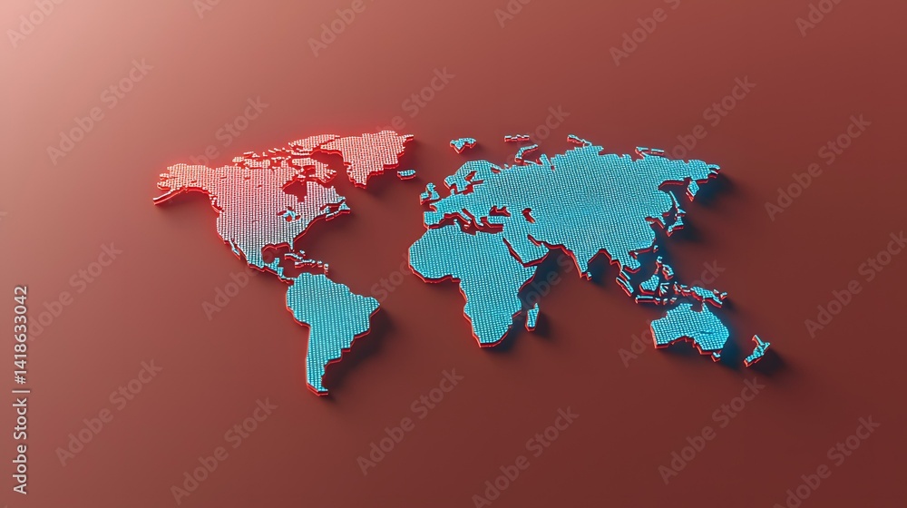 Aufkleber the image contains a three-dimensional rendering of a world map, composed of small, light blue squar