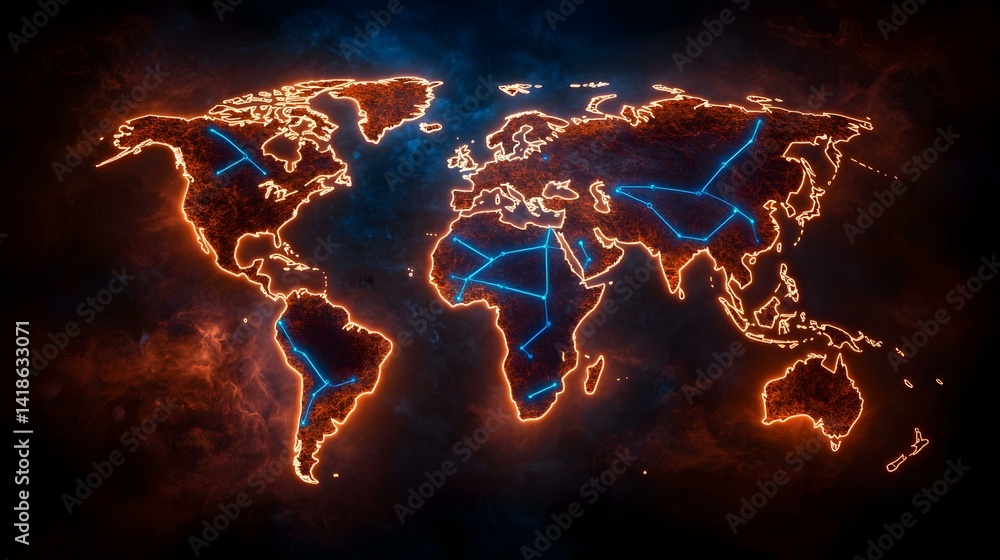 Aufkleber the image shows a stylized world map with an orange outline and blue lines connecting various points
