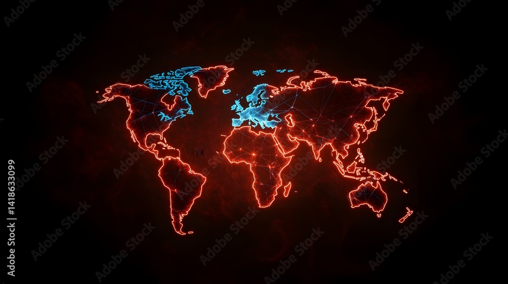 Poster the image contains a stylized neon world map, with north america and europe highlighted in cyan, and
