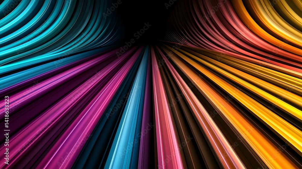 Poster the image shows a vibrant abstract design of multicolored, curving lines radiating outwards from a c
