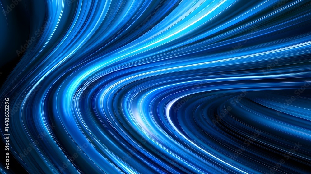 Poster the image contains an abstract design of swirling, curved lines in shades of blue, ranging from deep