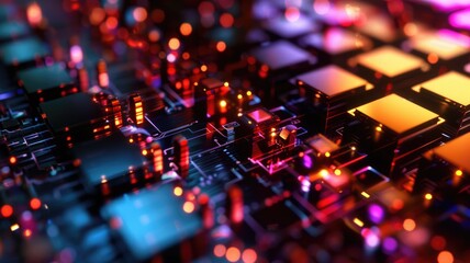 Futuristic circuit board with glowing red and gold lights. Glowing neon light of electrical circuit. Complex technology design with intricate details. Innovation and engineering concept design. AIG53.