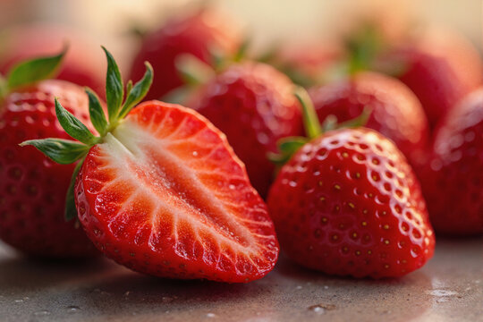 Juicy Strawberry Macro Shot with Water Droplets and Cut Berries