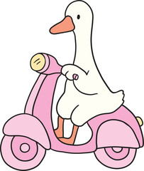 Goose Riding Scooter Cartoon Playful Hand Drawn Goose