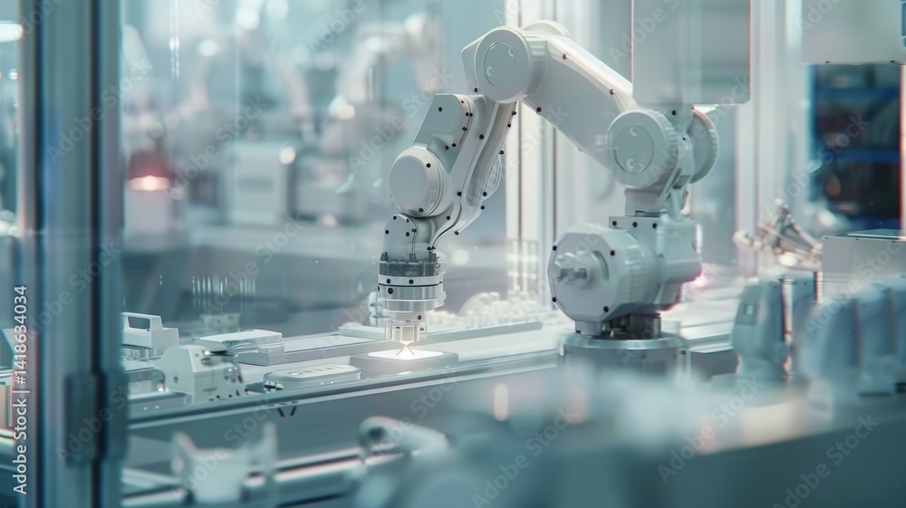 Poster robotic arm working in a modern factory. close up of robotic arm machine working and packing the pro