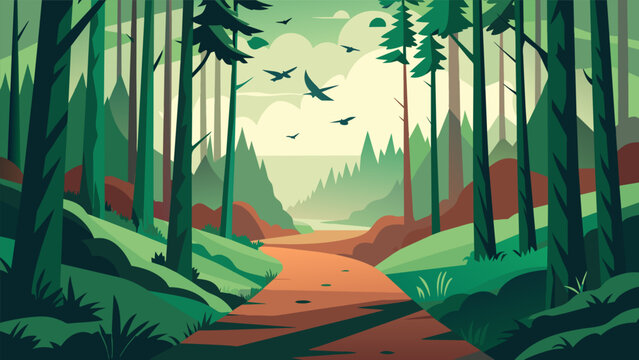 A secluded forest trail surrounded by tall trees and the sound of birds while capturing the beauty of nature in a sketch.. Vector illustration