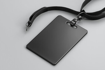 Simple black ID card mockup with black lanyard on clean background.