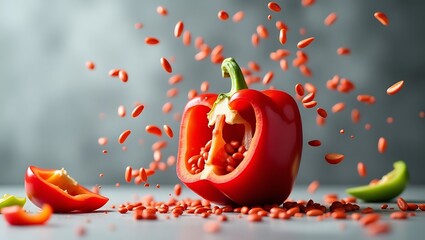 Red Bell Pepper with Flying Seeds
