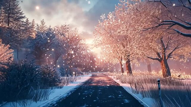 Magical winter wonderland scene with snow falling on a road and trees, creating a serene ambiance
