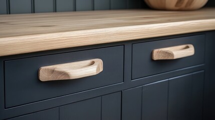 Close-up of dark navy blue kitchen drawers with light oak pulls.