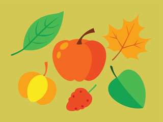 Vibrant Autumn Still Life: A delightful ensemble of stylized fruits and leaves, showcasing the rich hues of autumn with a playful illustration style.