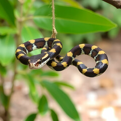 Obraz premium Paradise tree snake, paradise flying snake (Chrysopelea paradisi) during an attempt to swallow gecko in a natural habitat